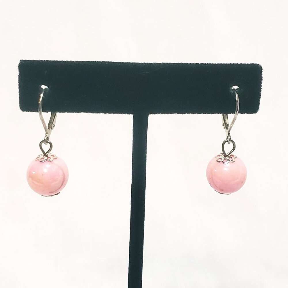 Pink Aurora Borealis Beads Earrings Drop Dangle Silver tone Lever back 1/2"